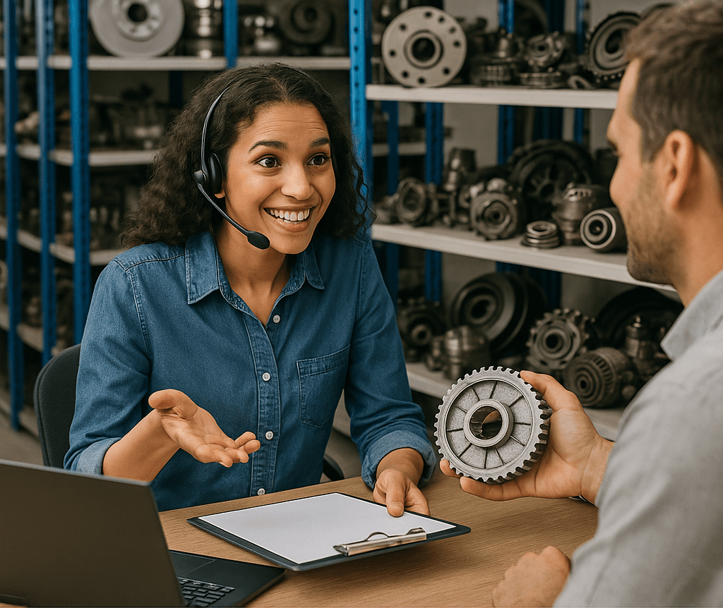 Customer service representative assisting a customer with auto parts