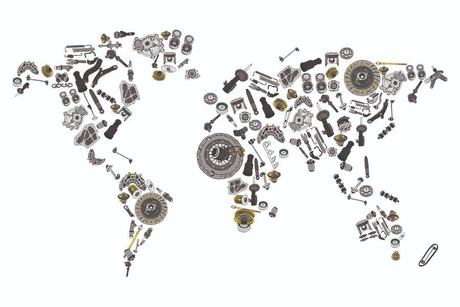 World map made of auto parts